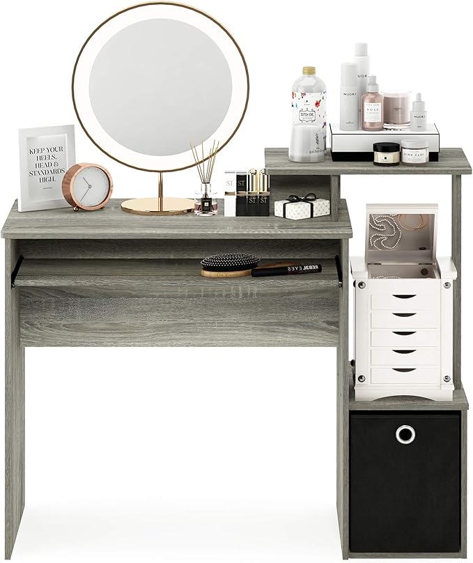 Furinno ECON Desk, 40" Wide Gaming Desk with Keyboard Tray, Computer Desk, Office Desk with Side Shelves and Storage Bin for Home Office, Grey Oak