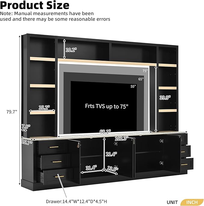 102.3"W Farmhouse 4-Piece Entertainment Center Wall Unit with Adjustable Shelves, Modern Large TV Stand with Bookshelves for TVs Up to 75", Rustic Media Console with 6 Drawers for Living Room, Black