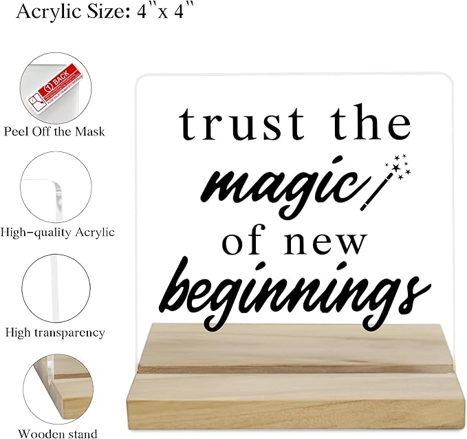 New Beginnings Desk Decor Sign, Inspirational Acrylic Plaque Gifts for Women, Friends, Coworkers