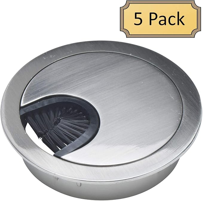 Satin Nickel Metal Cable Grommet | 2 Piece "Lock in" Feature with "Brush" Opening for Management of Office & Computer Desk Wires | 60mm (2 3/8") Hole Opening | 5 Pack