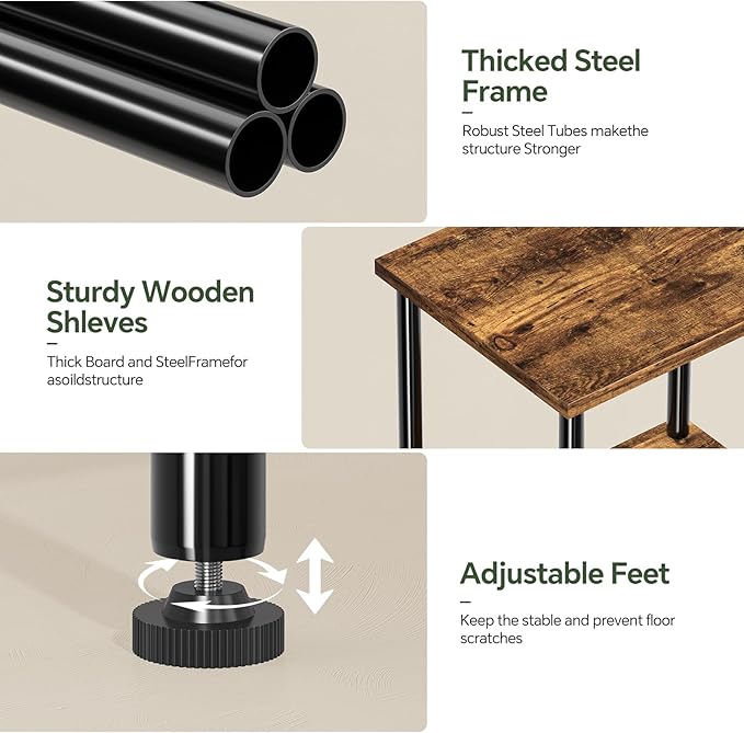 Simple Trending Side Table, Small End Table Living Room, Nightstand with 2 Tier Storage Shelves, Rustic Brown