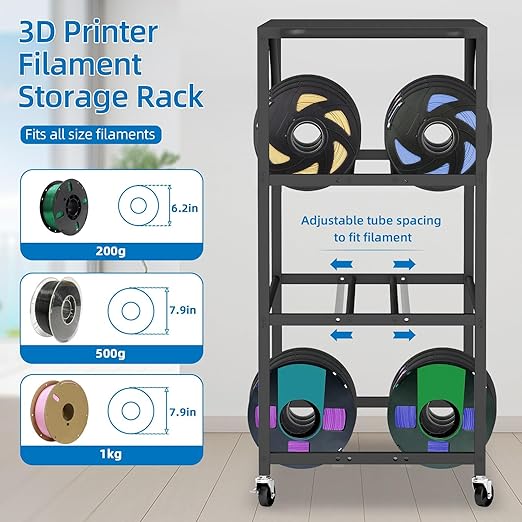 3D Printer Stand with Filament Storage Rack - 3D Printer Table Rolling Printer Cart on Wheels, Heavy Duty Metal Filament Spool Holder Organizer, 3D Printing Workstation for 48 Filament Spools (Black)