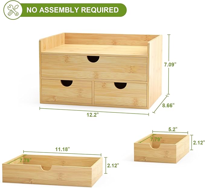 Bamboo Desk Drawer Organizer, Large Desktop Organizer with Drawers Tabletop Storage Organization Box for Office Home Toiletries Supplies Vanity, No Assembly Required (3 Drawer with Shelf)