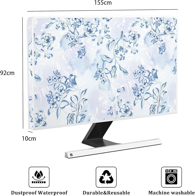 Blue Floral Waterproof Screen TV Cover 65 Inch Decorative Botanical TV Screen Covers Dust-Proof Protective for LED LCD OLED TVs During House Moving, Storing, or Home Renovation