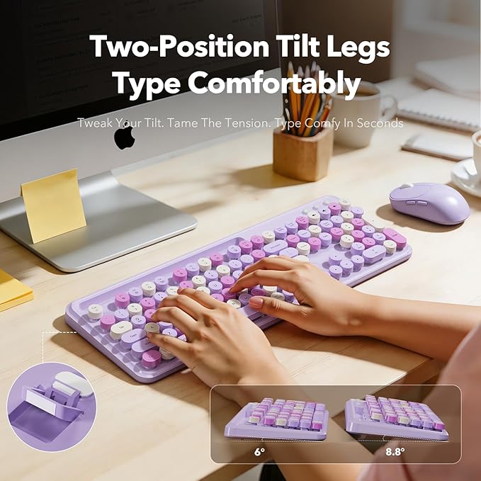 Wireless Keyboard and Mouse Combo with Phone/Tablet Holder, Full-Size Typewriter Keyboard, Retro Round Keycaps, 3-Level DPI Mouse, 2.4GHz Cordless Connection for Windows/PC/Laptop (Lavender & Cream)