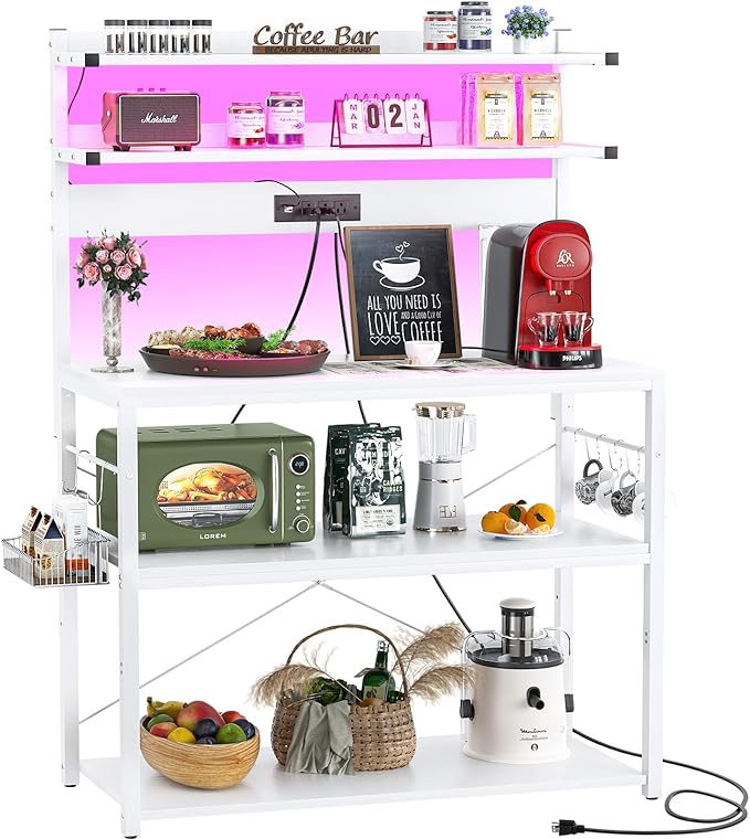 Aheaplus Bakers Rack with Power Outlet, Microwave Stand, 5 Tiers Coffee Bar Station with Led Lights, Kitchen Storage Shelf with 6 S-shaped Hooks, Kitchen Rack Coffee Bar Stand, White