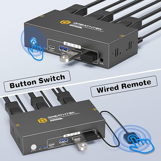 HDMI+Displayport KVM Switch 2 Monitors 2 Computers 8K@60HZ Dual Monitors KVM Switcher for 2 PC/Laptops Share Mouse Keyboard and 2 Screens,with USB3.0 Ports/Wired Controller EDID Adapative