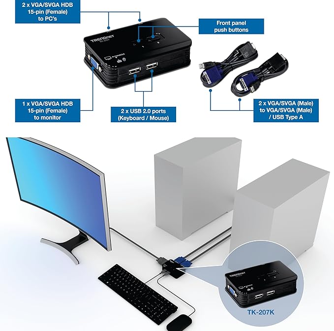 TRENDnet 2-Port USB KVM Switch, TK-207K, Control Two Computers with One Set of Console Controls, 2048 x 1536 Resolution, 60Hz Refresh Rate, All Required Cabling Included, Black