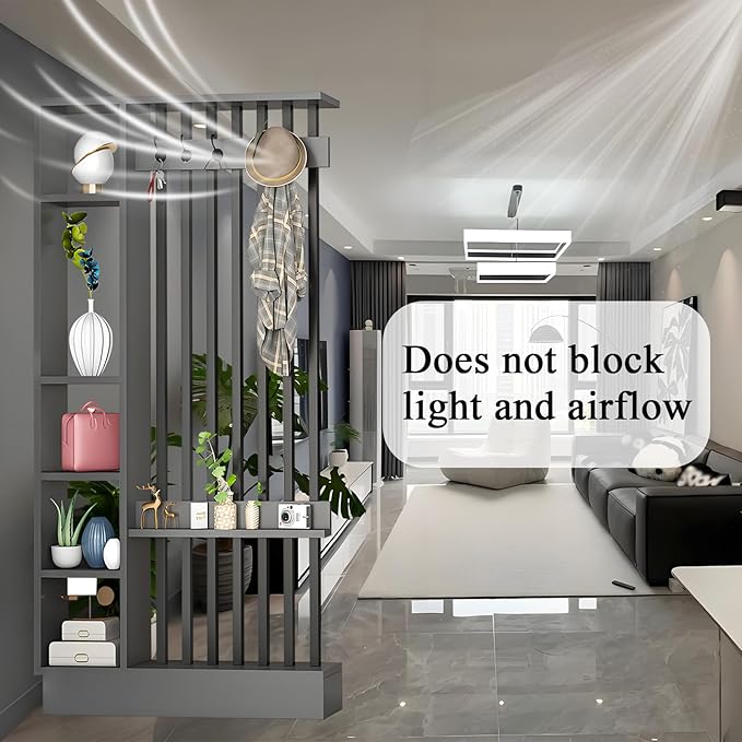 Wall Room Divider - Freestanding Wood Room Divider with Shelves and Coat Rack, Wall Divider with Storage Cabinet and Display Shelf, Freestanding Decor for Bedroom, Office