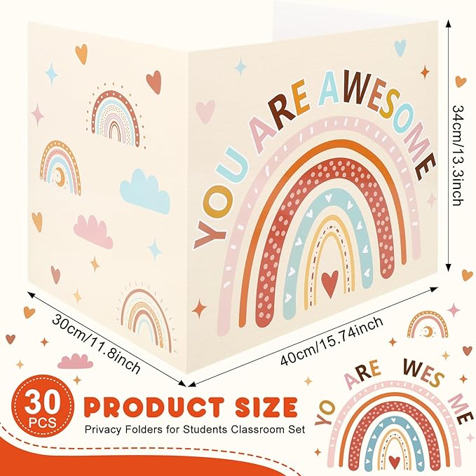 Whaline 30Pcs Privacy Boards Boho Classroom Desk Dividers Colorful Rainbow Heart You are Awesome Desk Privacy Panel Foldable Screen Partition for School Teacher Student Test Supplies