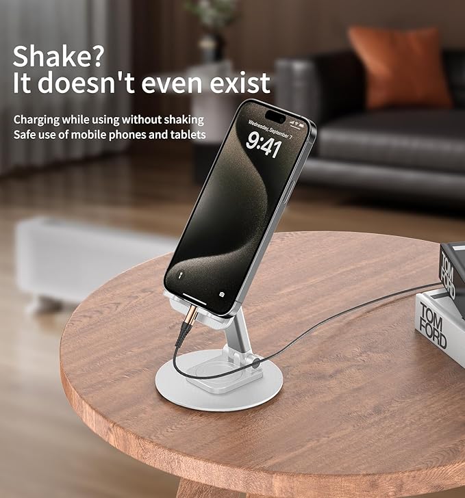 360° Rotating Cell Phone Stand for Desk, Adjustable & Foldable Phone Holder, Aluminum Desktop Phone Stand with Anti-Slip Base, Compatible with iPhone, iPad, Android Phones, K39B-White