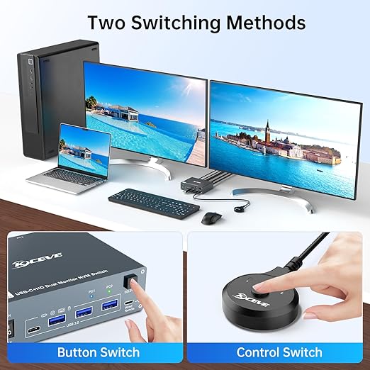 USB C HDMI KVM Switch 2 Monitors 2 Computers 4K@60Hz,Dual Monitor USB Type-C Docking KVM Switches for Laptop & Desktop Share 2 Monitor and 4 USB3.0 Devices,Support 80W Charging for Laptop