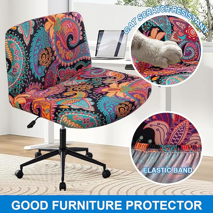 Levoberg Armless Criss Cross Office Desk Chair Cover Slipcovers Printed Vanity Desk Chair Covers Armless Cross Legged Wide Chair Covers Accent Mid Back Wide Swivel Task Chair Protector #13
