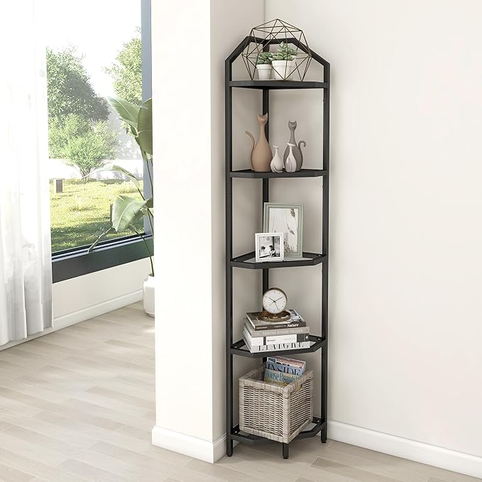5-Tier Corner Shelf Stand, Black Corner Bookshelf, Bathroom Storage Rack Shelf, Plant Rack, Tempered Glass, Steel Frame, Modern Style for Living Room, Bathroom, Kitchen, Metallic Black