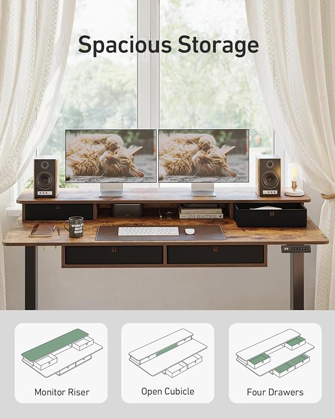 FEZIBO 55 x 30 inch Standing Desk with Drawers, Height Adjustable Electric Workstation, Computer Sit Stand Up Table with Large Storage Shelf 4 Drawers and 2 Hooks, Rustic Brown