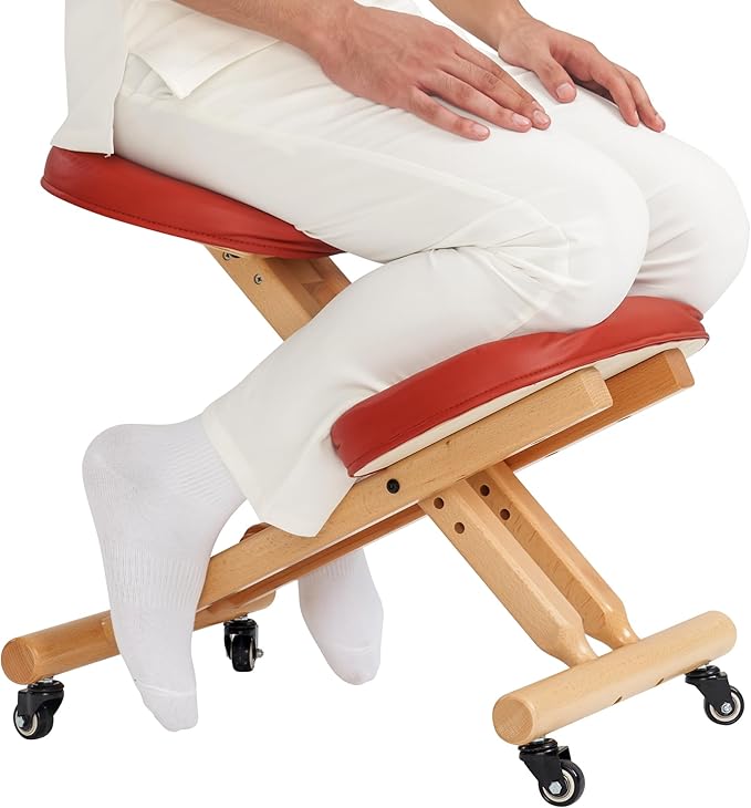 Master Massage Ergonomic Wooden Foldable Kneeling Chair for Office –Wood Folding Posture Chair for Home-Posture Correction Stool-Improve Your Posture Cinnamon Color