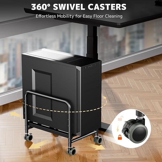 PUTORSEN Computer Tower Stand Under Desk - Height Adjustable PC Stand for Most Mid-Tower, Rolling CPU Holder with 360° Locking Wheels, Max Load 66 lbs, Black
