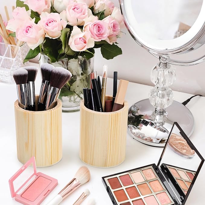 Yopay 12 Pack Wood Pen Holder, 4 Inch Round Pencil Holder, Unfinished Wooden Vase, Desk Organizer Cups for Makeup Brush, Homemade DIY Crafts, Home School Office Supplies, Wedding Centerpieces Decor