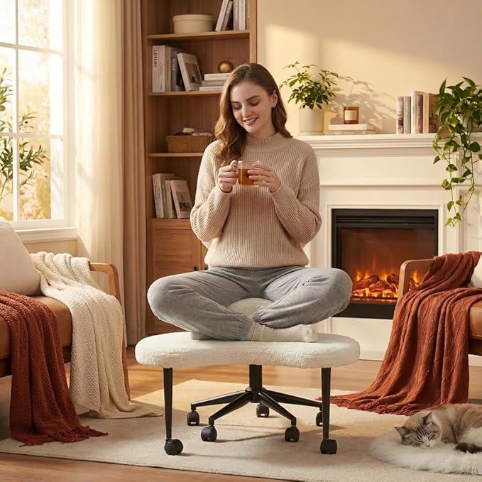 Pinmoco White Teddy Cross Leg Chair – Plush Cozy Meditation Chair, Home Office Desk Seat with Wheels, Modern Scandinavian Style, Comfortable & Soft for Adults