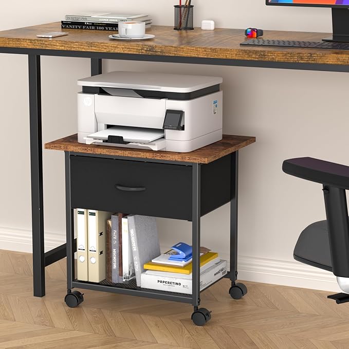 DAOUTIME 2-Tier Printer Stand with Storage Drawer, Under Desk Printer Table with Shelves, Rolling Printer Cart on Wheels for Small Spaces/Home Office, Fits 3D Printer Scanner, Rustic Brown and Black