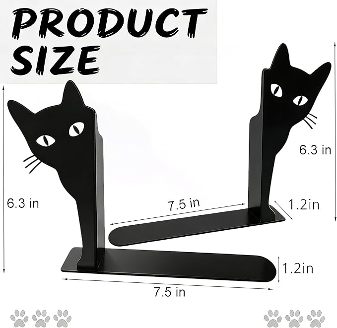 Peekaboo Cat Bookends, Cute Black Metal Decorative Book Ends for Shelves, Heavy Duty Rustproof Book Stoppers for Home Office Study Desk, for Cat Lovers Book Lovers