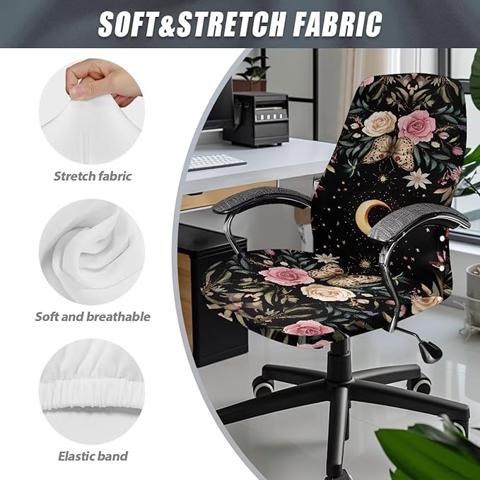Talayituse Butterfly Moon Rose Flower Print Office Chair Covers, Stretch Computer Chair Cover, Universal Boss Chair Covers Modern Simplism Style High Back Chair Slipcover, Small