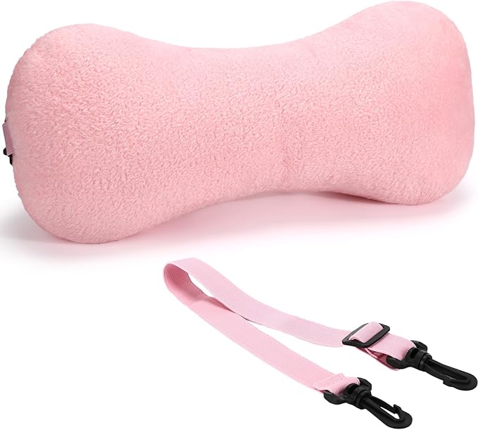 Colingmill 1 Pc Neck Pillow for Recliner Headrest Pillow Bone Shaped Chair Plush with Adjustable Strap Neck Support and Pain Relief Curve Head Cushion for Car Travel Airplane (Pink)