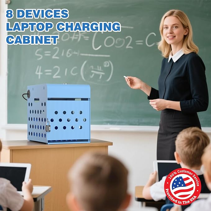 POCHAR 8-Device Chromebook Charging Cabinet for Classroom - Laptop Lock Box for iPad Tablet Fits 14" Screen - Portable Locking Charging Station for Schools, Offices, Hospitals (Blue)