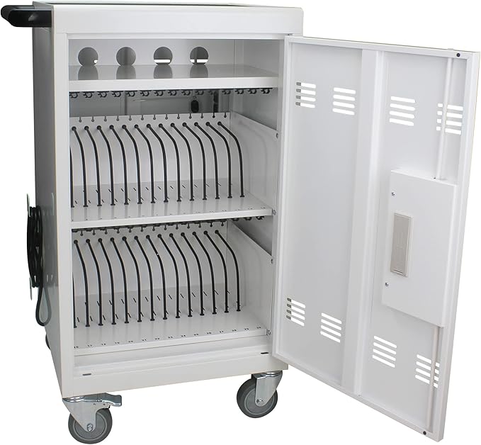 32 Device Charging Cart with Combination Lock, Laptop and Tablet Mobile Charging Cabinet for Up to 16.3" Devices with Cord Management, Desktop Charging and Storage Locker for Classroom or Office.White