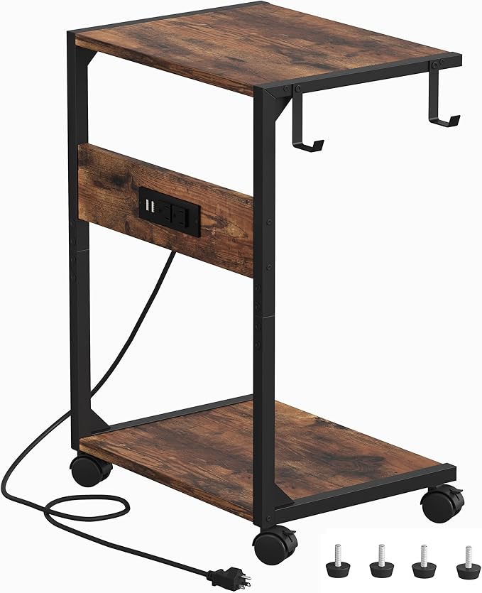 Akxomel 2 Tier Computer Tower Stand with Charging Station, 11.8" D x 16.5" W Rolling Floor PC Tower Stand Fits Under Desk, CPU Holder Cart for Carpet with Hooks, C Shaped End Table for Home Office