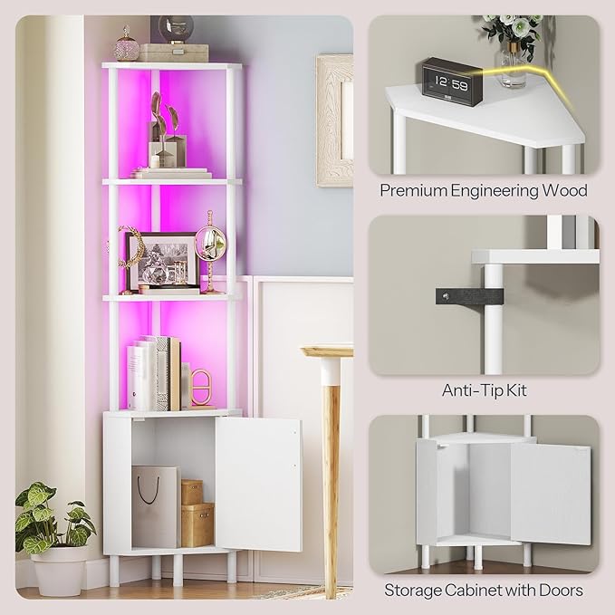 HOOBRO Corner Cabinet with LED Light, Corner Shelf Stand with Storage and Doors, 5-Tier Industrial Corner Bookshelf, 59” Tall Display Rack Shelf, for Living Room, Kitchen, White WT147DCJ01
