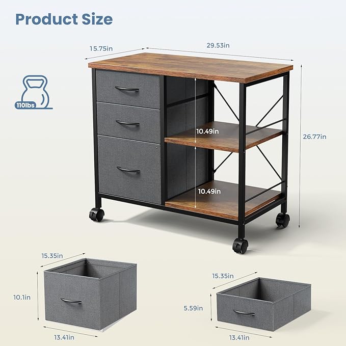 DUMOS File Cabinet, Mobile Storage Cabinet with 3 Drawers and Back Support Bar, Spacious Printer Stand with Storage Supporting 198 lbs for Home Office, Rust