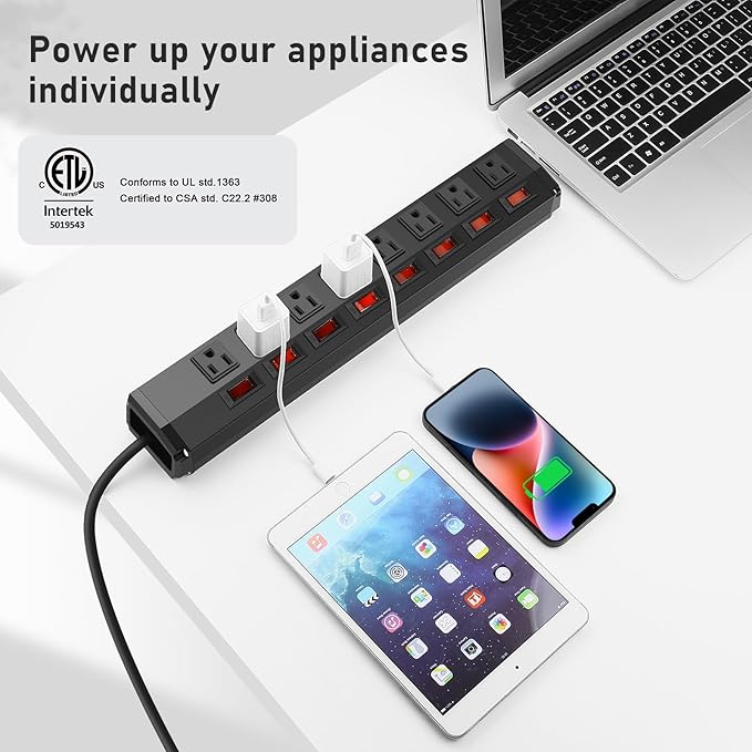 3PCS 8 Outlet Heavy Duty Power Strip with 8 Individual Switches,Moutable Metal Power Strip Surge Protector 1200 Joules,6FT 14AWG Extension Cord,15A 1800W 125V 60Hz