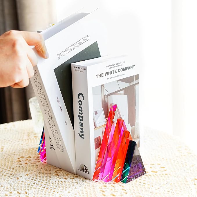 H&D HYALINE & DORA 1Pair 3Lbs Crystal Bookends for Shelves Decorative Glass Bookends for Heavy Books Geometric Triangle Shape Non-Skid Book Ends Heavy Bookends Home Office Decor(Colorful)