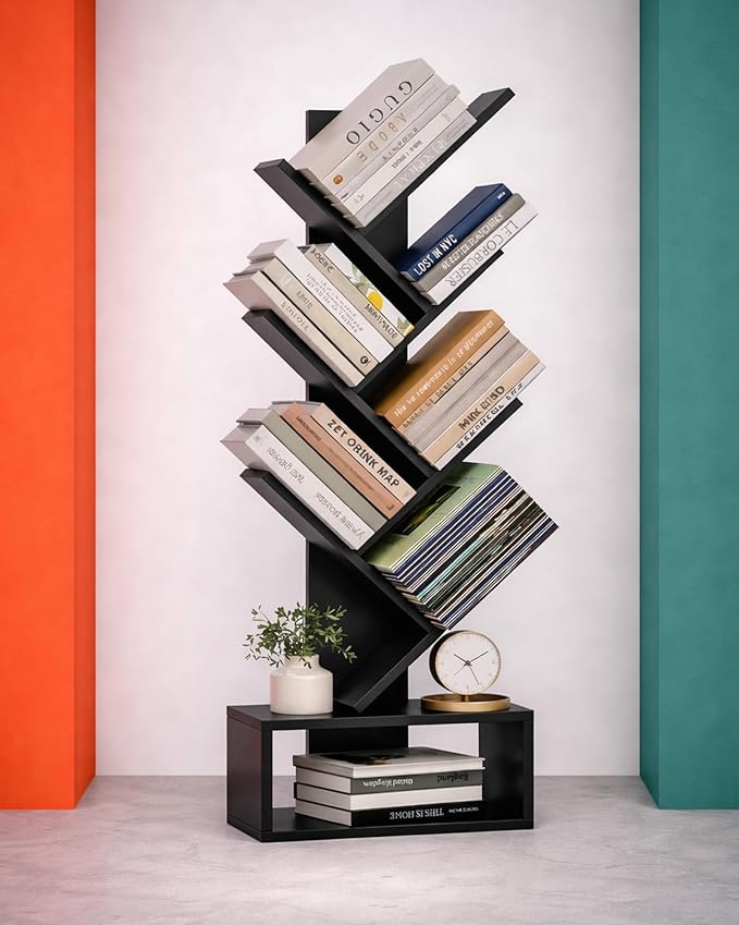 XBurmo 6 Tier Tree Book Shelf - Small Bookshelf Decor, Corner Bookshelf, Living Room Storage, Tall Narrow DVD & CD Shelf Storage Bookshelves, Comic Bookcases Standing for Bedroom or Office, Black