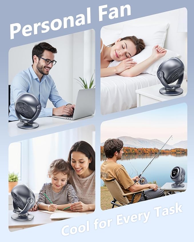 Desk Fan for Office, 90°Oscillating Fan with 6000mAh Rechargeable, 10 Speeds 4H Timer 270°Tilt Adjustment, 29dB Ultra-Quiet Portable Personal Table Fans, Gifts for Christmas Women Men Home