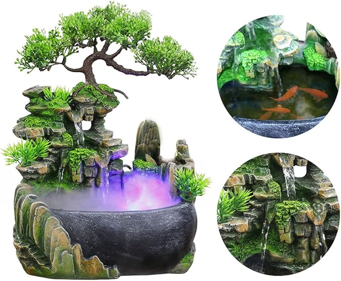Tabletop Fountain, Atomizing Desktop Humidifier with Rockery & Bonsai, Zen Meditation Indoor Relaxation Waterfall Feature, Illuminated Waterfall Fountain Indoor for Home Office Bedroom Desk Decor