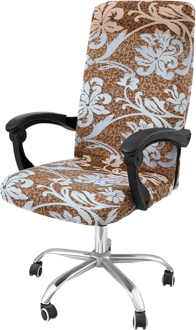 Smiry Stretch Printed Office Computer Chair Covers, Universal Desk Rotating Chair Slipcovers Removable Washable, Soft Fit Anti-Dust Spandex Protector Cover with Zipper, Brown and Blue