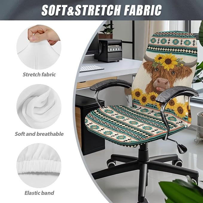 Talayituse Highland Cattle Aztec Tribe Geometric Sunflower Print Office Chair Covers, Stretch Computer Chair Cover, Universal Boss Chair Covers Modern Simplism Style High Back Chair Slipcover, Large
