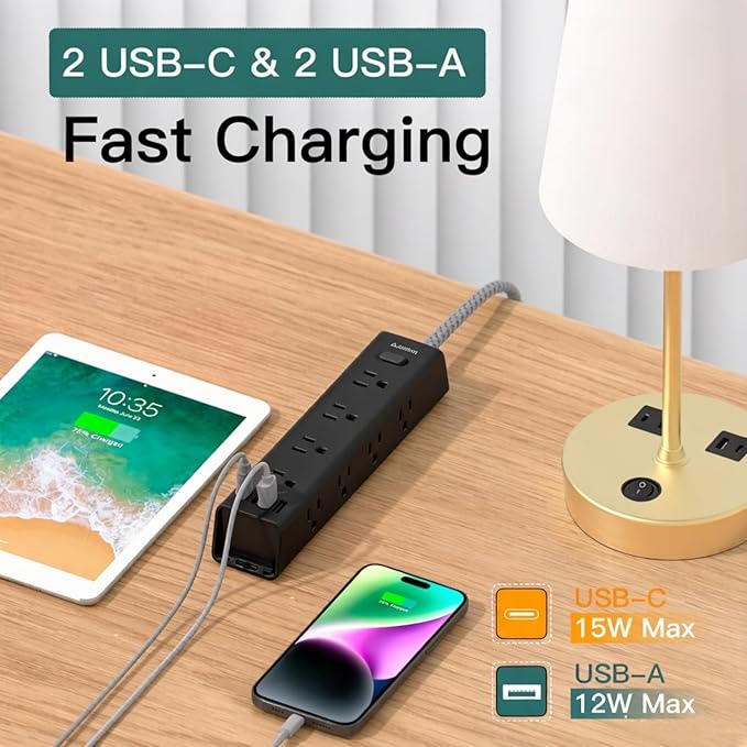 Addtam Black Power Strip Surge Protector with 12 AC Outlets & 4 USB Ports, 5FT Extension Cord, Flat Plug Wall Mount, 1050J, Desk Charging Station for Home Office Gaming Setup, ETL Listed