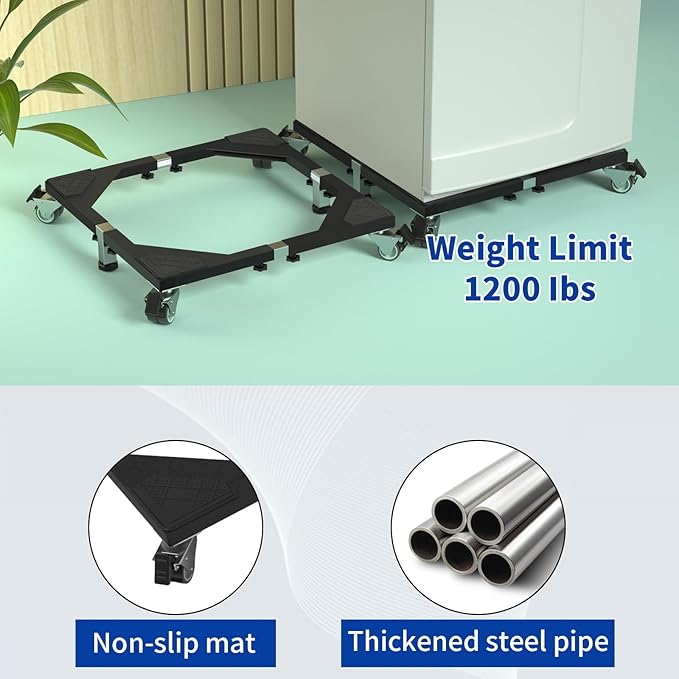 Heavy Duty All Steel Fridge Stand Mobile Base with Wheels Adjustable Washing Machine Stand Multi-Functional Base Furniture Dolly for Refrigerator Washer and Dryer（Black/Large）