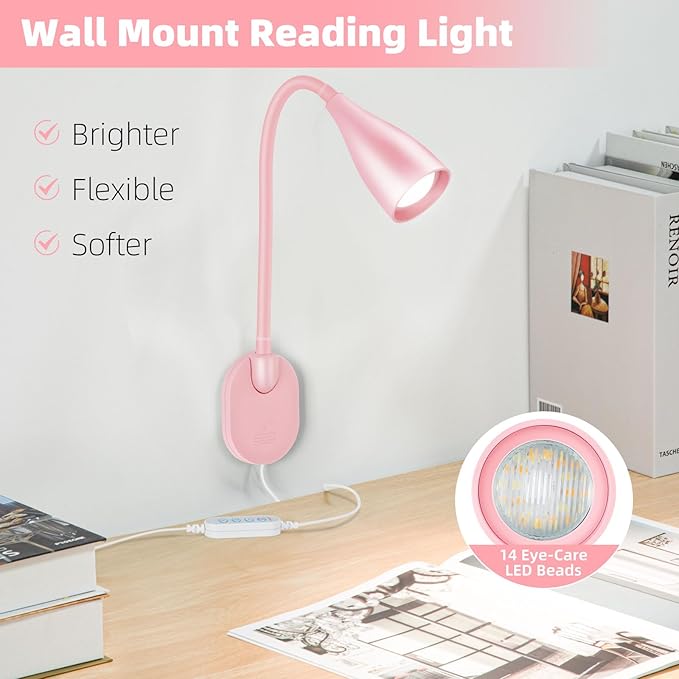 LiFMIRA Wall-Mounted LED Bedside Reading Light with USB Charging Port, 10-Level Dimmable & Adjustable 5 Color, Plug-in Adhesive Night Lamp for Books in Bed, Eye-Caring Bedroom Lighting (Pink)