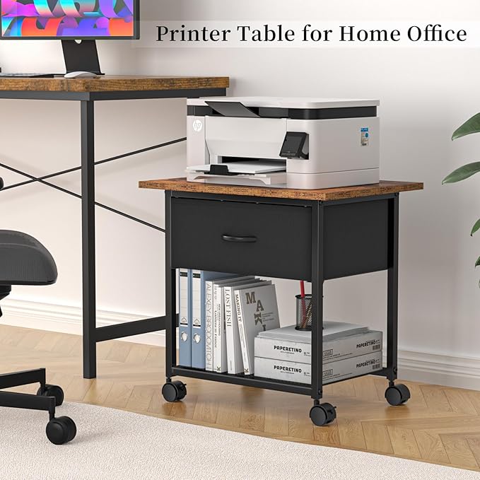 DAOUTIME 2-Tier Printer Stand with Storage Drawer, Under Desk Printer Table with Shelves, Rolling Printer Cart on Wheels for Small Spaces/Home Office, Fits 3D Printer Scanner, Rustic Brown and Black