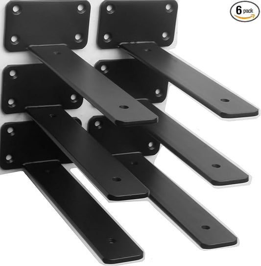 6 Pack - 8 inch Black Hidden L Shelf Bracket (1/5 Inch Thicked) Iron Floating Shelf Brackets Rustic Industrial Metal Brackets for Shelf Support