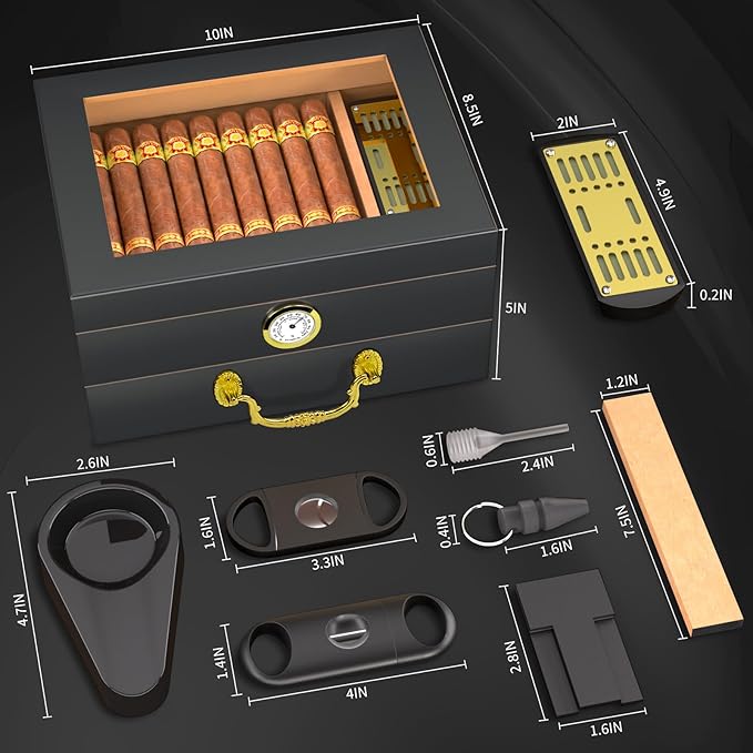 Cigar Humidor Box - Spanish Cedar Small Table Top Humidors for 20-50 Cigars with Accessories and Humidifier - Storage Drawer - Modern Desktop Cigar Holder for Men - Portable Travel Case Dark Gray