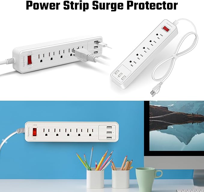 Power Strip, SUPERDANNY Surge Protector, 5 Outlets, 3 USB Ports, 4.5 Ft Extension Cord, 900 Joules, Mountable, Overload Switch, Protected Indicator Light, Multiple Protections for Home Office, White