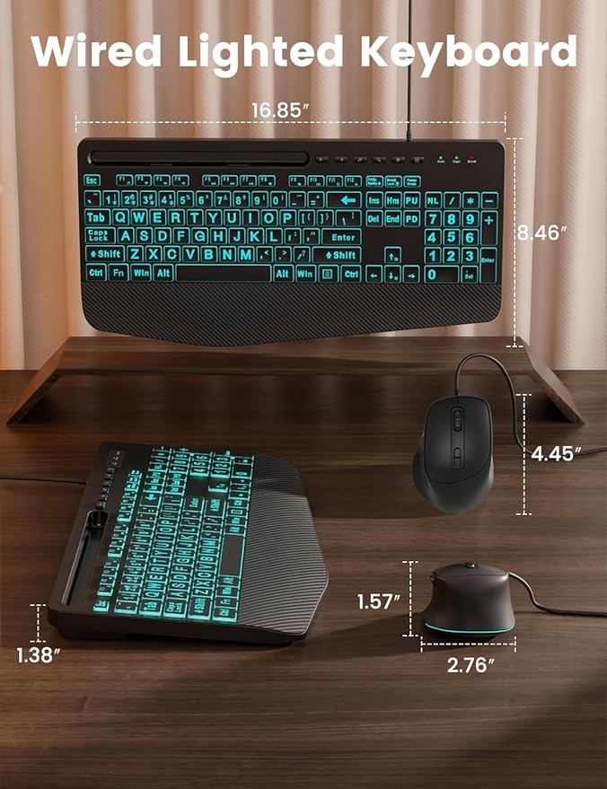 SABLUTE KM21Pro Wired Keyboard Mouse Combo - Large Print Backlit, Ergonomic Wrist Rest, 6 DPI RGB for PC/Windows - Ideal for Seniors, Students, Office and Home