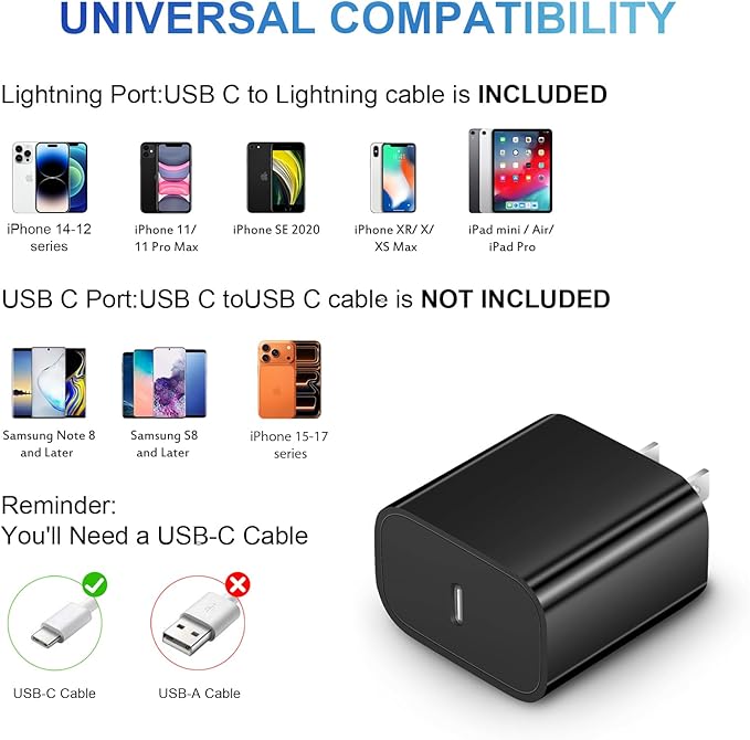iPhone 14 13 12 11 Charger Fast Charging iPhone Fast Charger 3-Pack 20W iPad Chargers 6FT C Chargers Fast Charging Cord Whit iPhone 14/14 Max/13 Pro/13/12 Mini/12 Pro Max/11 Max/Xs and iPad(Black)