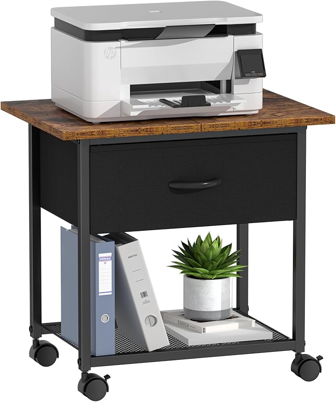 DAOUTIME 2-Tier Printer Stand with Storage Drawer, Under Desk Printer Table with Shelves, Rolling Printer Cart on Wheels for Small Spaces/Home Office, Fits 3D Printer Scanner, Rustic Brown and Black
