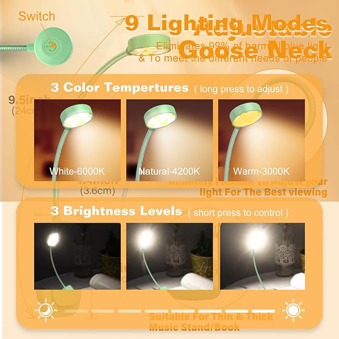 KTEBO 2 Packs Rechargeable Book Reading Light - Adjustable Brightness, 3 Color Temperatures, 30+ Hours Runtime - Eye Care 10 LED Lamp for Reading for Bed,Back to School Gift for Student-Green & Black